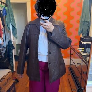 Vintage Dark Brown Leather Button-Front Jacket